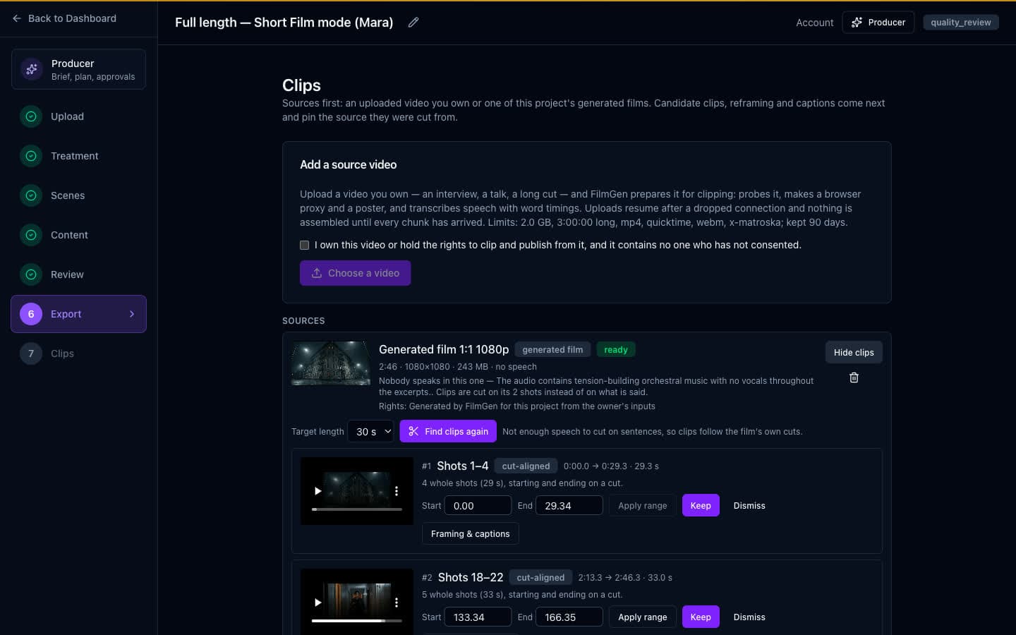 The Clips screen: a source marked 'no speech' with the model's own note about what it heard, the line 'Not enough speech to cut on sentences, so clips follow the film's own cuts', and candidate clips labelled 'Shots 1-4 / cut-aligned' with thumbnails.
