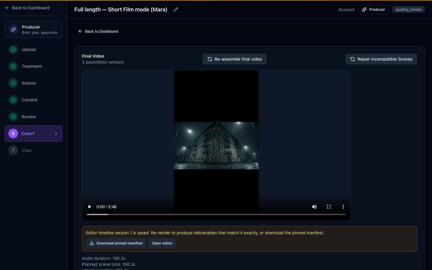 The Export screen: the finished film playing in a video player, with three assembled versions listed alongside it.
